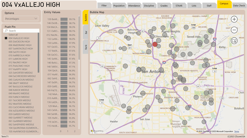 Power BI dashboard showing school comparisons using a map visual with markers varied by percentage or size